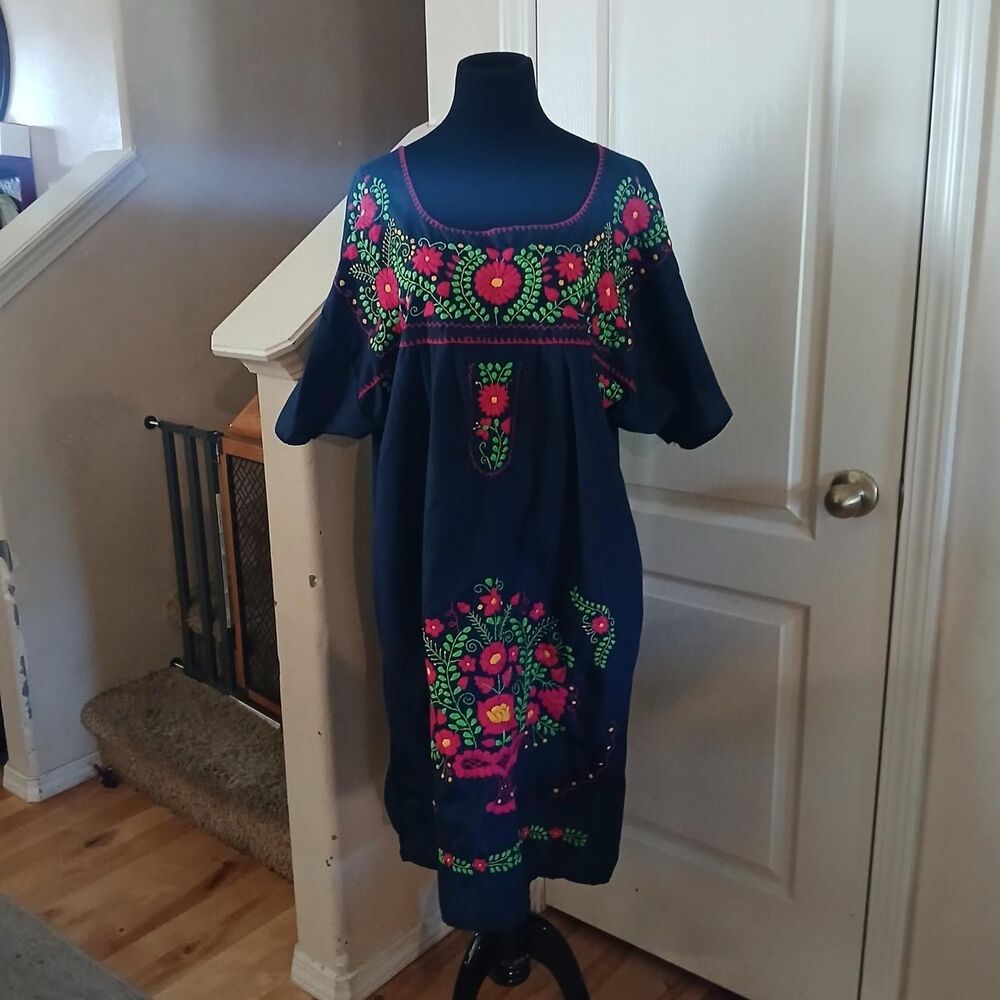 Traditional Mexican Puebla Hand Embroidered Floral Festival Boho Midi Maxi Dress